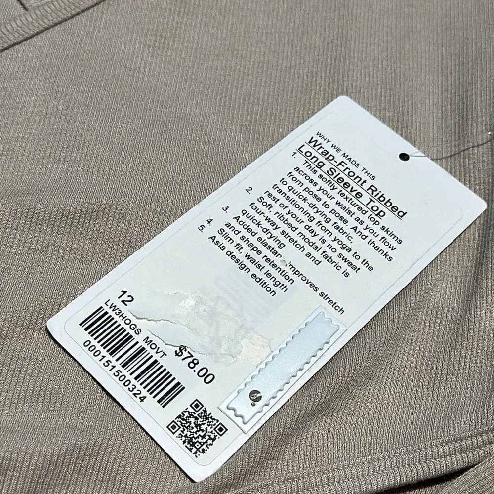 Lululemon Wrap-Front Ribbed Long Sleeve Top Mojave Tan‎ NWT WOMENS SIZE 12